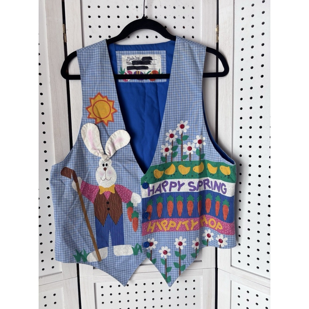 Handmade Easter Bunny Happy Spring Colorful‎ Fabric Vest 3 Button One Size